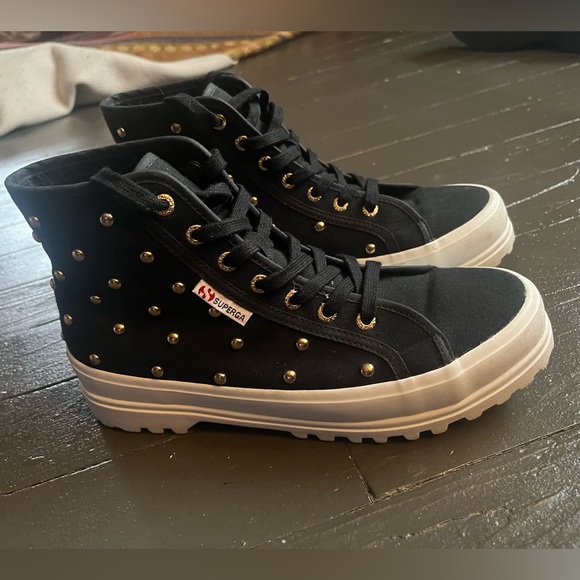 Superga Alpina Studded Women's Black and Gold High-Top Sneakers - Picture 2 of 7